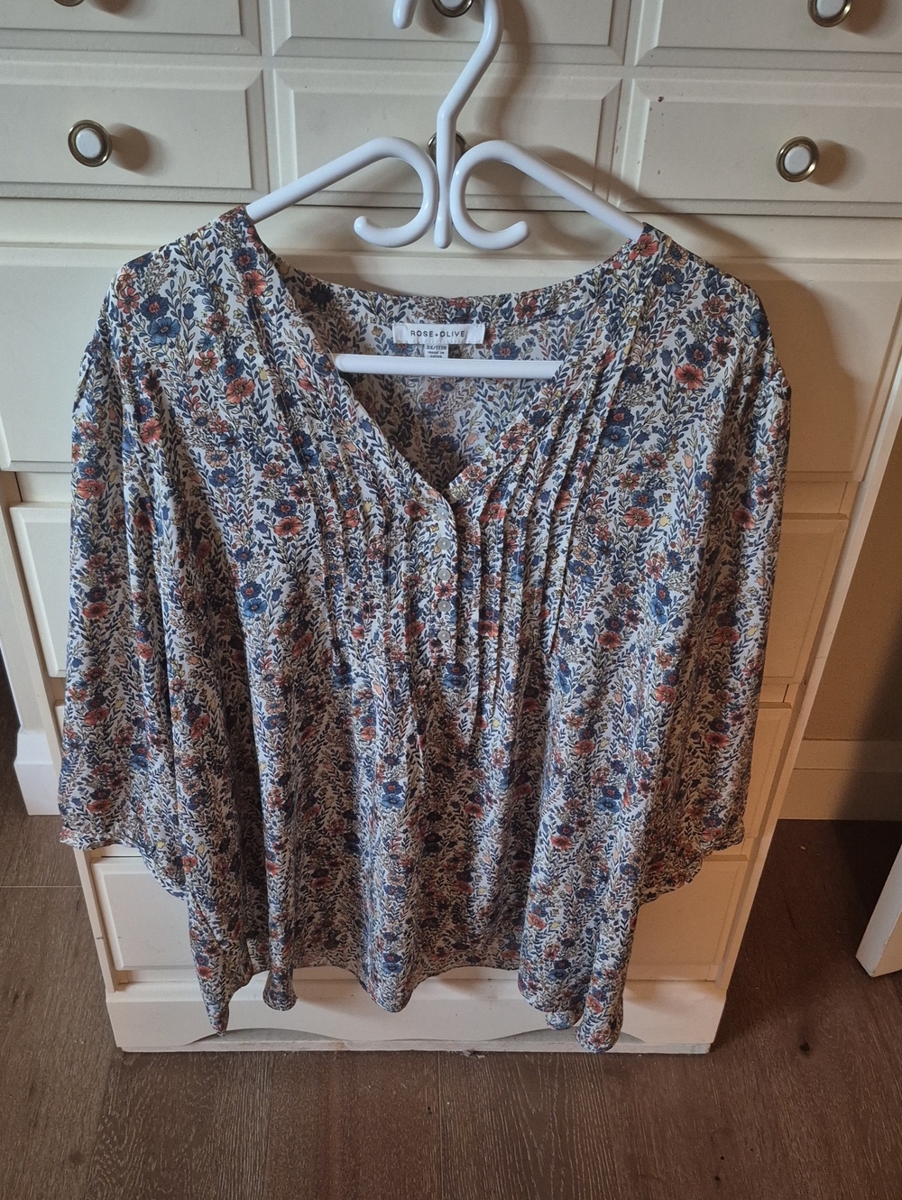 Rose & Olive Floral Pintuck Tunic in Cream with Blue & Rust